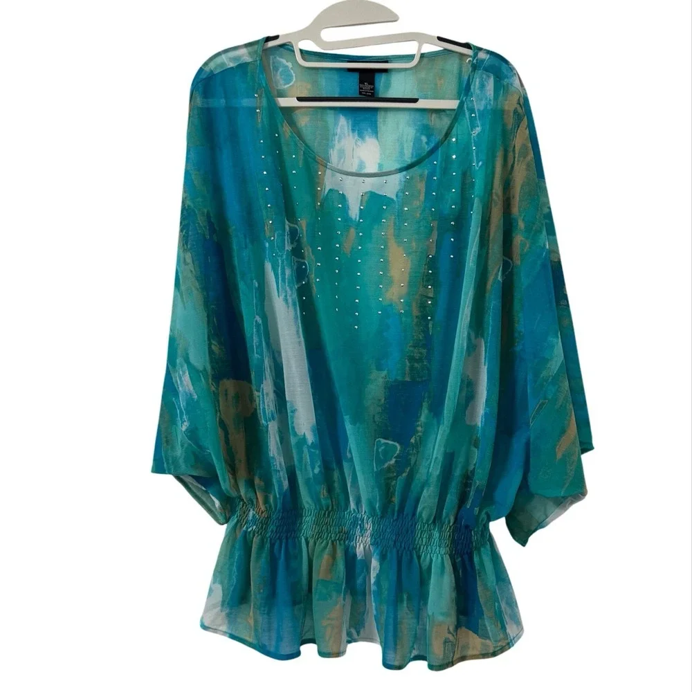 Mermaidcore Festival Top  Womens XL Teal Blue Abstract Watercolor Peplum Studded
